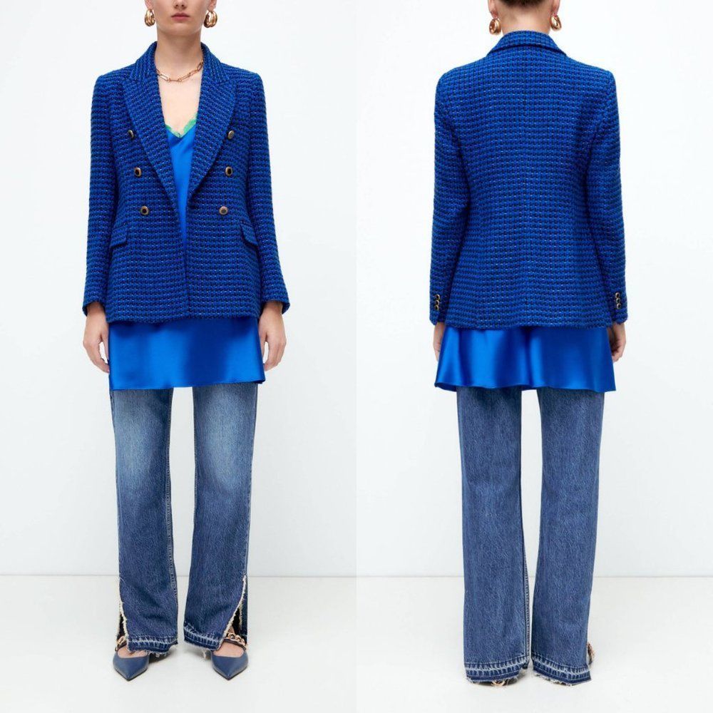 Zara Royal Blue Textured Double-Breasted Blazer - Picture 2 of 16